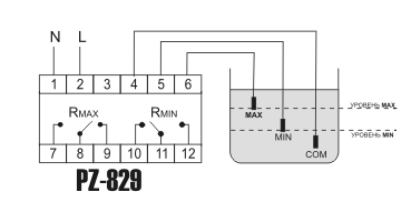 Схема подключения реле контроля уровня PZ-829
